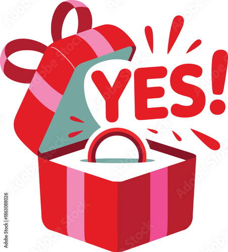 Open gift box with ring inside and YES word, proposal logo