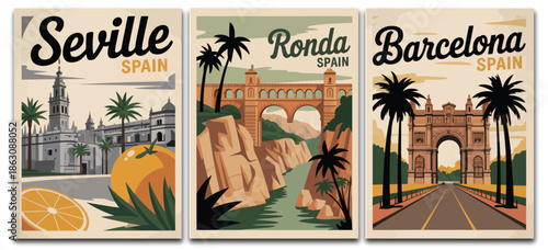 Spain travel poster triptych, Seville Ronda Barcelona illustration, vintage Spanish city artwork, scenic architecture landscape print, classic Europe travel wall decor