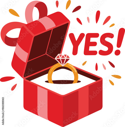 Open red gift box with diamond ring inside saying yes proposal engagement ring logo