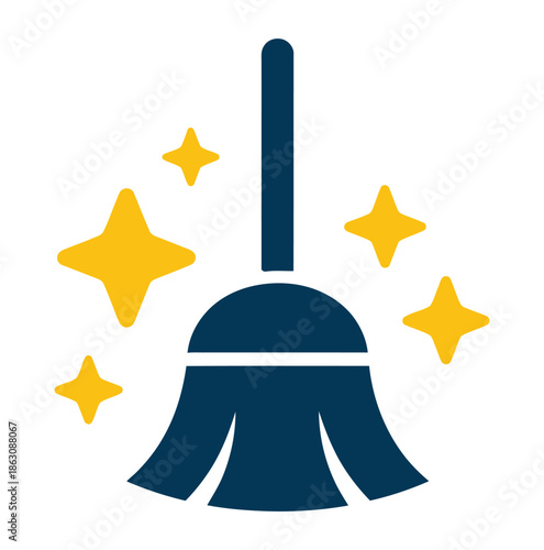 Cleaning broom icon with bright yellow sparkles symbolizing freshness.