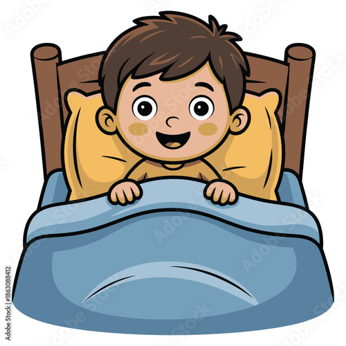Happy cartoon boy waking up cheerfully from his comfortable bed ready for a.