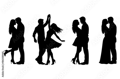Romantic couples silhouette set kissing and dancing vector