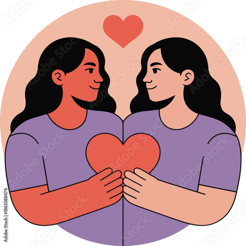 Twin sisters embracing heart symbol logo representing love and family bond vector graphic