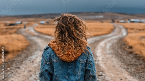 Woman at a crossroads, facing two paths on a dirt road, vast landscape blurred in background