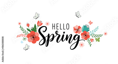 Beautiful Hello Spring typography surrounded by vibrant red and blue flowers, green leaves, and white butterflies.
