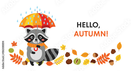 Adorable raccoon wearing an orange scarf and holding a colorful umbrella in rain with autumn leaves and nuts.