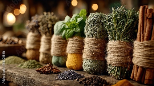 Bundled herbs & spices, tied w/ twine, on wooden surface; shallow depth of field