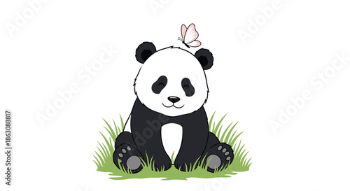Cute panda bear sitting peacefully in green grass with a small pink butterfly landing on its head on white.