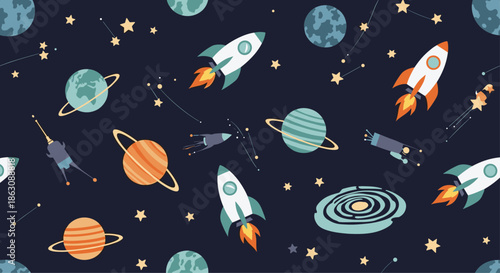 Detailed seamless pattern featuring rockets, planets, constellations, and stars across a deep blue space background.