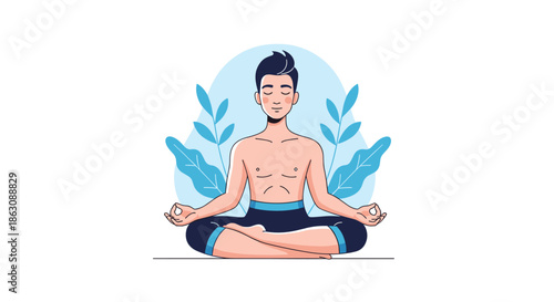 Calm man sitting in lotus pose practicing yoga and meditation with abstract blue leaves and circle in background.