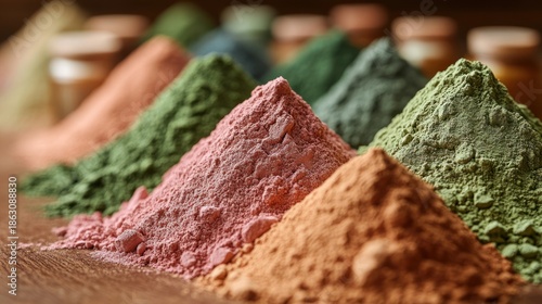 Close-up view of colorful powdered substances in small mounds on a wooden surface