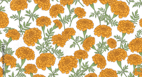 Beautiful seamless pattern with bright orange marigold flowers and green leaves on a clean white background.