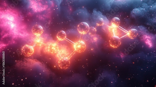 Glowing molecular structure against a nebula backdrop