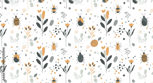 Subtle seamless pattern with various hand drawn beetles, bugs, small flowers, and leaves on a clean white background.