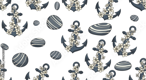 Nautical seamless pattern showing black anchors decorated with white flowers and grey striped stones for seaside themed designs.