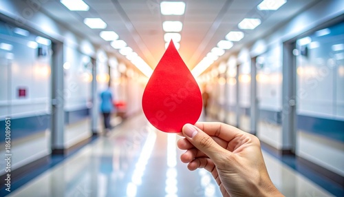 Hand Holding Red Paper Blood Drop Icon in Blurred Hospital Hallway for Blood Donation and Healthcare Concept