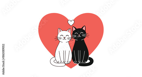 Heartwarming illustration of two cute cats, one white and one black, sitting together in front of a large red heart shape.