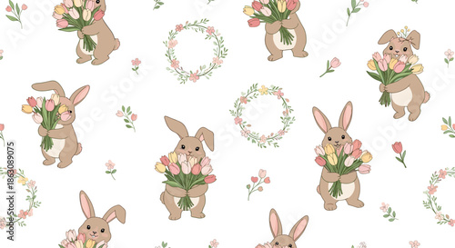 Adorable seamless pattern of cute cartoon bunnies holding colorful tulip bouquets and floral wreaths on a clean background.
