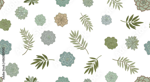 Refreshing seamless pattern of various green succulent plants and tropical palm leaves for a clean botanical design look.