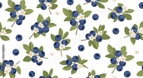 Fresh seamless pattern of blue blueberries with green leaves and delicate white flowers scattered on a white background.