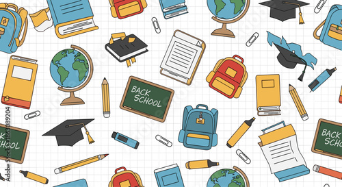 Fun seamless pattern of school related items like backpacks, globes, and graduation caps on a light gray grid paper base.