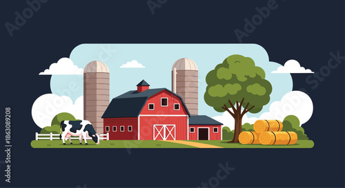 Rural farm landscape illustration featuring a red barn, two silos, a grazing cow, a large tree, and golden hay bales.