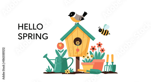 Cheerful spring themed illustration with a yellow birdhouse, a small songbird, a bee, potted flowers, and garden tools.
