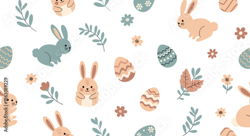 Charming Easter holiday seamless pattern design featuring cute bunnies, decorated eggs, small flowers, and green leaves for festive decor.