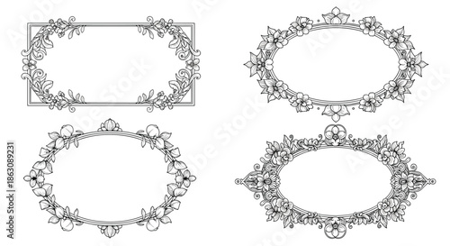Elegant set of four black and white line art frames featuring intricate floral motifs and fruit designs for wedding invitations.