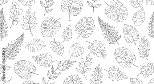 Seamless vector pattern showcasing a variety of line drawn tropical leaves including monstera and ferns on a clean white background.
