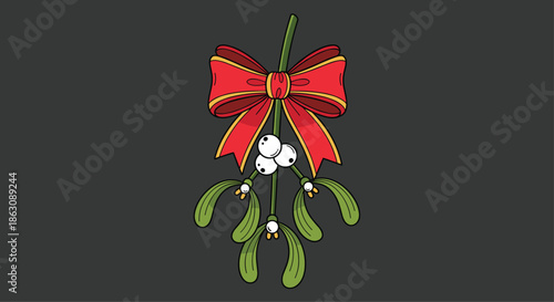 Festive mistletoe branch illustration with white berries and a large red ribbon bow tied around the top for Christmas holiday design.