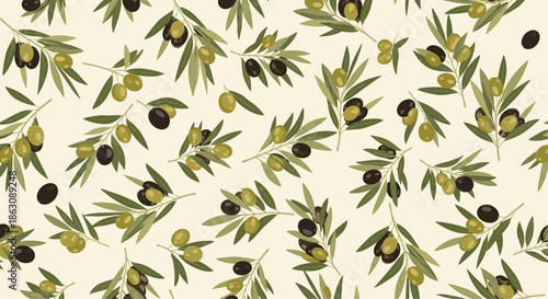 Classic seamless pattern featuring olive branches with green and black olives on a cream background for culinary and nature designs.