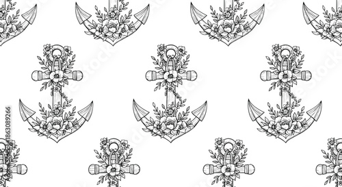 Intricate nautical themed seamless pattern with line drawn anchors decorated with beautiful blooming flowers and leafy vines.