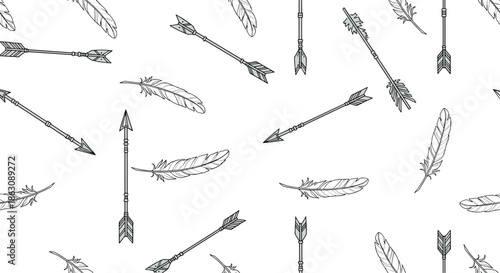 Monochrome seamless pattern featuring hand drawn tribal arrows and delicate feathers scattered on white background.