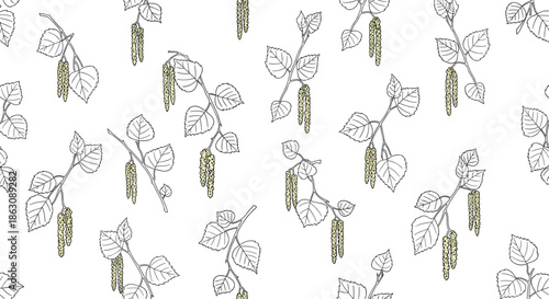 Nature inspired seamless pattern with detailed line drawings of birch tree branches featuring hanging catkins and delicate leaves.
