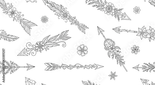Elegant seamless pattern with decorative bohemian arrows adorned with delicate flowers and leaves in line art style.