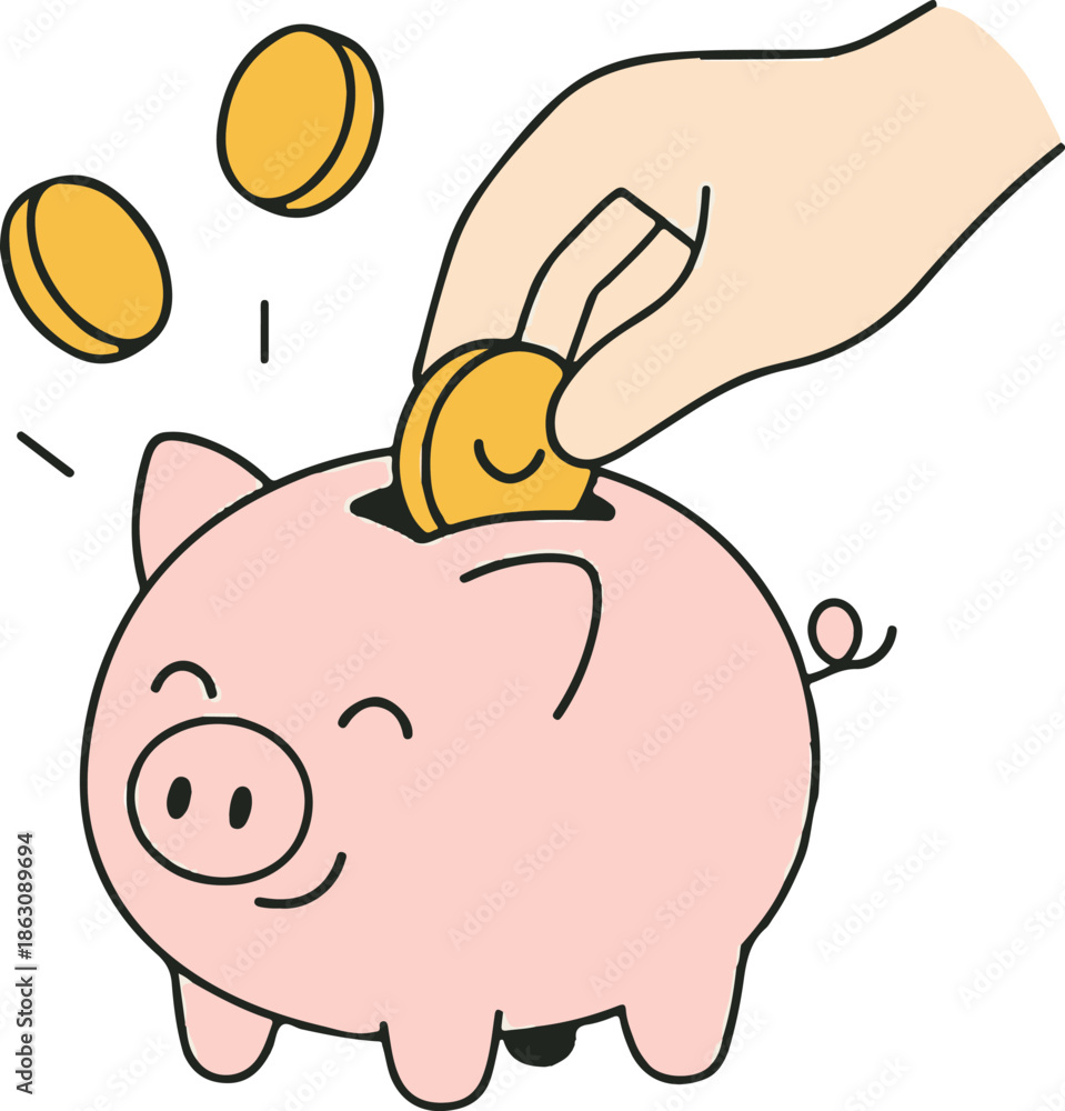 Fototapeta premium Hand holding a cute pink cartoon piggy bank with falling gold coins in a vector illustration representing business finance and money savings wealth concept