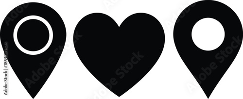 Black and white graphic with map pin and heart symbols