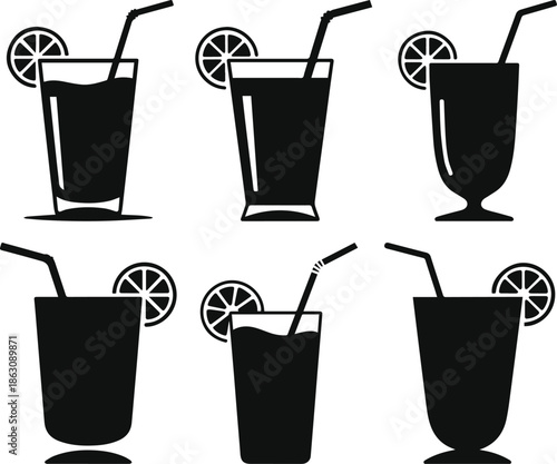 Set of Minimalist black smoothie glass with straw and lime slice silhouette vector icon