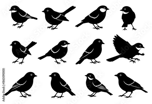 Small bird silhouette collection vector set of sparrow and robin icons in black shape