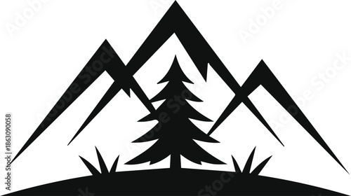 Minimalist black mountains with a pine tree silhouette vector icon