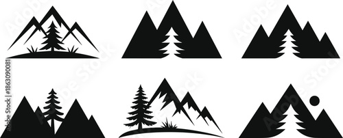 Set of Minimalist black mountains with a pine tree silhouette vector icon
