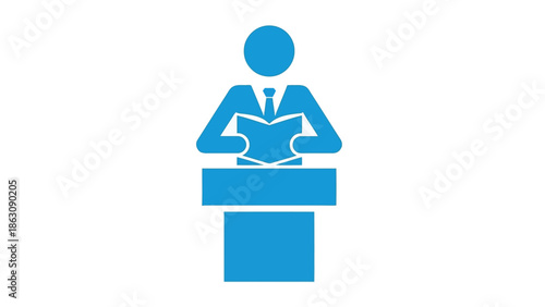 A blue silhouette of a person in a suit reading from a book at a podium, symbolizing public speaking and presentation skills.
