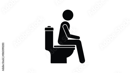 A simple black silhouette of a person sitting on a toilet, conveying bathroom use, humor, or restroom signs.