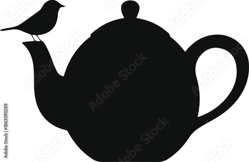 Minimalist black teapot with a small bird sitting on top silhouette vector icon