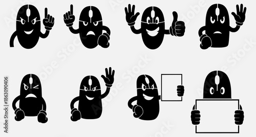A collection of black and white cartoon characters displaying various gestures and holding objects.