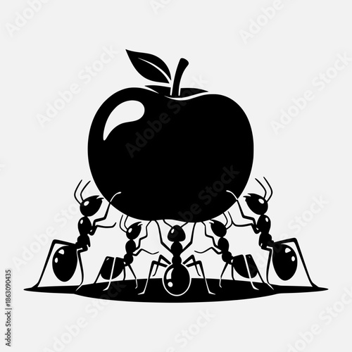 Ants carrying a large apple illustration