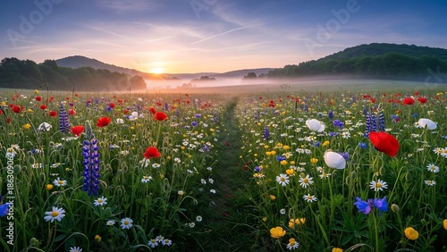 Vibrant Wildflowers in Misty Mountain Valley at Sunrise.