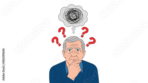 An elderly man looks perplexed, deep in thought with a cloud of confusion above his head, symbolizing uncertainty.