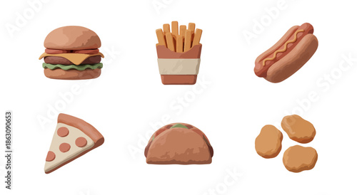 Assortment of fast food items rendered on black background